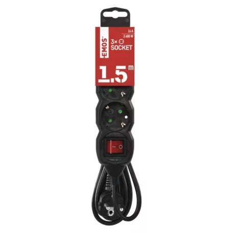 Hosszabbító 1,5 m / 3 aljzat / kapcsolós / fekete / PVC / 1,5 mm2