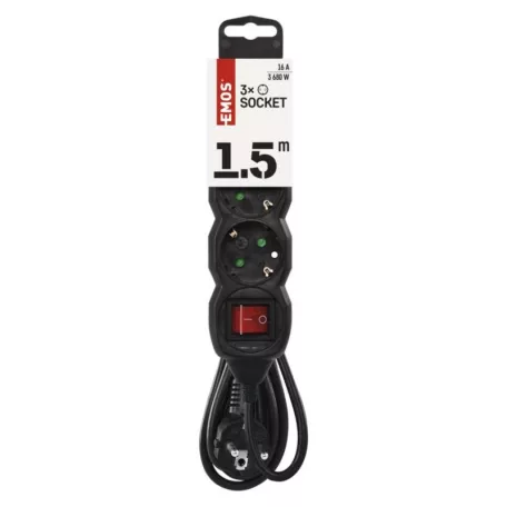 Hosszabbító 1,5 m / 3 aljzat / kapcsolós / fekete / PVC / 1 mm2