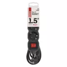 Hosszabbító 1,5 m / 3 aljzat / kapcsolós / fekete / PVC / 1 mm2