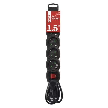 Hosszabbító 1,5 m / 5 aljzat / kapcsolós / fekete / PVC / 1,5 mm2