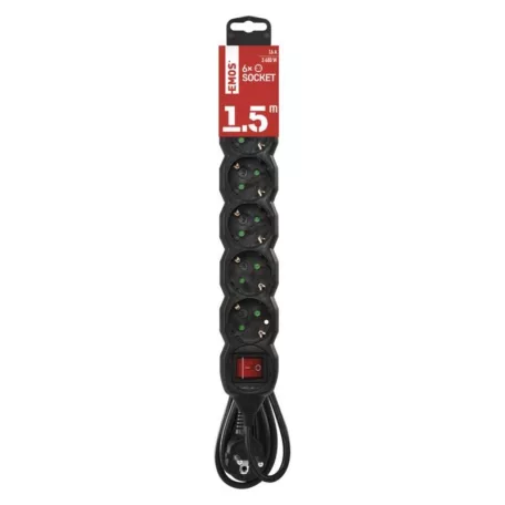 Hosszabbító 1,5 m / 6 aljzat / kapcsolós / fekete / PVC / 1,5 mm2