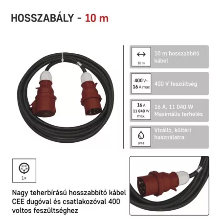 3 fázisú kültéri hosszabbító 10 m / 1 aljzat / fekete / gumi / 400 V / 2,5 mm2
