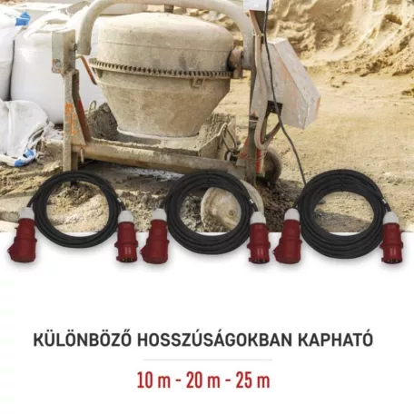 3 fázisú kültéri hosszabbító 10 m / 1 aljzat / fekete / gumi / 400 V / 2,5 mm2