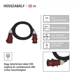   3 fázisú kültéri hosszabbító 10 m / 1 aljzat / fekete / gumi / 400 V / 4 mm2