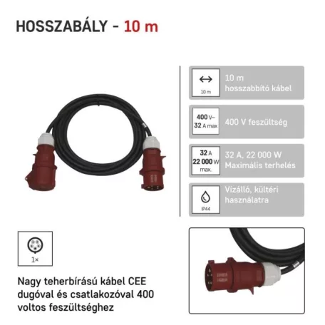 3 fázisú kültéri hosszabbító 10 m / 1 aljzat / fekete / gumi / 400 V / 4 mm2