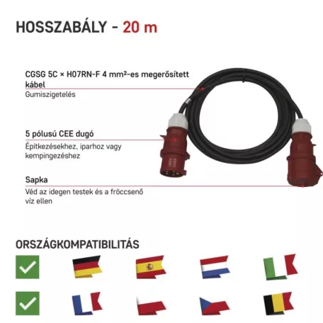 3 fázisú kültéri hosszabbító 20 m / 1 aljzat / fekete / gumi / 400 V / 4 mm2