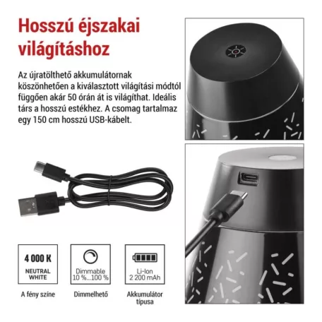EMOS Grace LED asztali lámpa, újratölthető, fekete