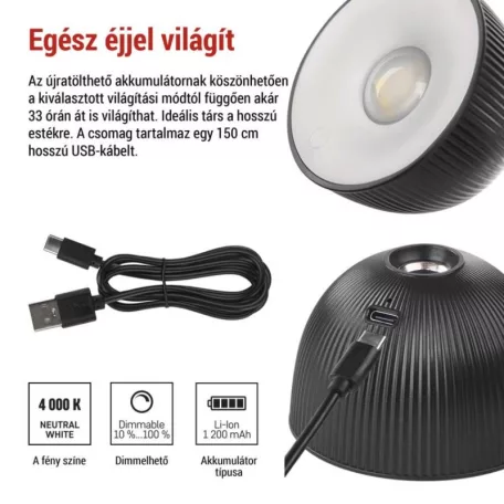 EMOS Sophie LED asztali lámpa, újratölthető, fekete
