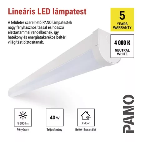 LED lineáris lámpatest PANO 40W, semleges fehér
