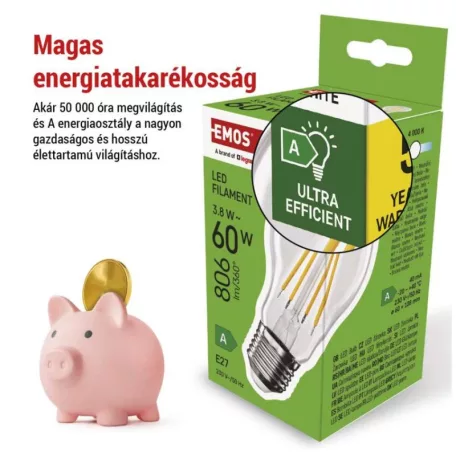 LED izzó Filament A60 A CLASS/ E27 / 3,8 W (60 W) / 806 lm / természetes fehér