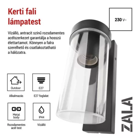 Kerti fali lámpa ZALA,  12,8 × 8,0 × 23,0 cm, 1 × E27, 15 W