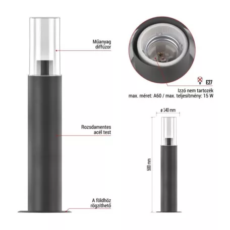 Kerti oszloplámpa ZALA, 14 x 14 x 50 cm, 1 x E27, 15 W