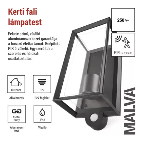 Kerti fali lámpa MALVA szürkületérzékelővel, 13 x 12,5 x 28 cm, 1 x E27, 15 W