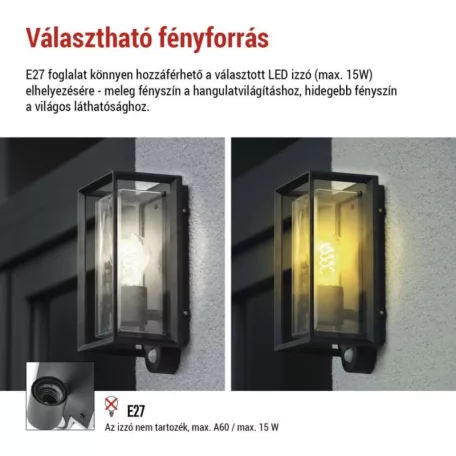 Kerti fali lámpa MALVA szürkületérzékelővel, 13 x 12,5 x 28 cm, 1 x E27, 15 W