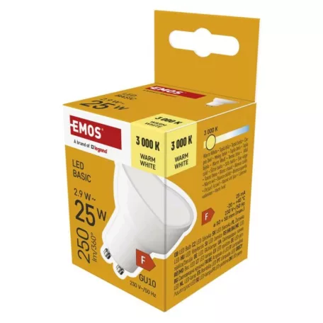 LED izzó Basic MR16 / GU10 / 2,9 W (25 W) / 250 lm / Meleg fehér