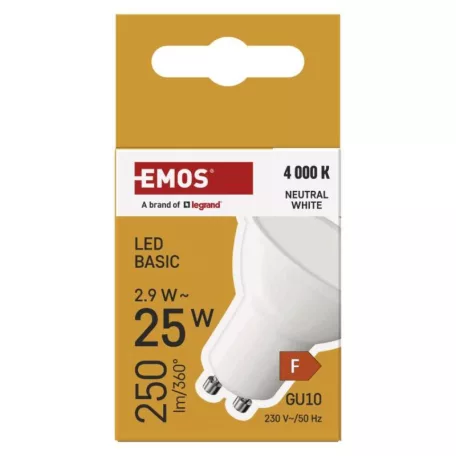LED izzó Basic MR16 / GU10 / 2,9 W (25 W) / 250 lm / Természetes fehér
