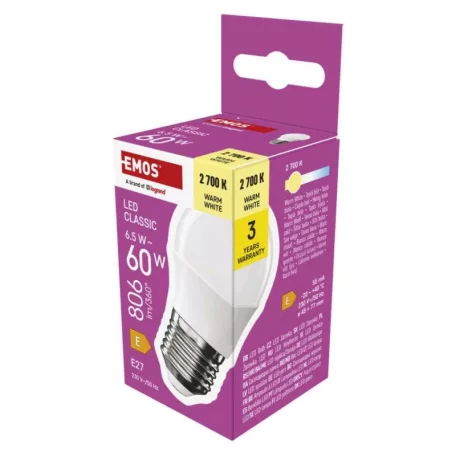LED izzó Classic Mini Globe / E27 / 6,5 W (60 W) / 806 lm / Meleg fehér