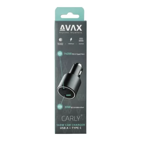 AVAX CC680B CARLY+ USB A + Type C 140W autós töltő, fekete