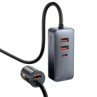 Baseus Share Together PPS autós gyorstöltő 120W, 3×USB Type-A + USB Type-C, beépített kábel, 1,5 m, szürke