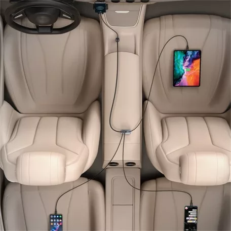 Baseus Share Together PPS autós gyorstöltő 120W, 3×USB Type-A + USB Type-C, beépített kábel, 1,5 m, szürke