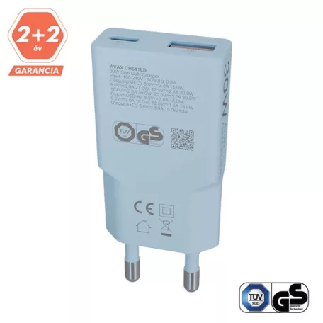 AVAX CH641LB NANO SLIM 30W töltő adapter USB-C (PD3.0)+USB-A (QC3.0), világoskék