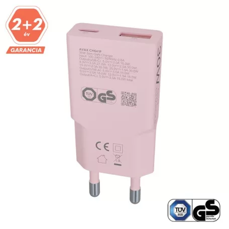 AVAX CH641P NANO SLIM 30W töltő adapter USB-C (PD3.0)+USB-A (QC3.0), rózsaszín
