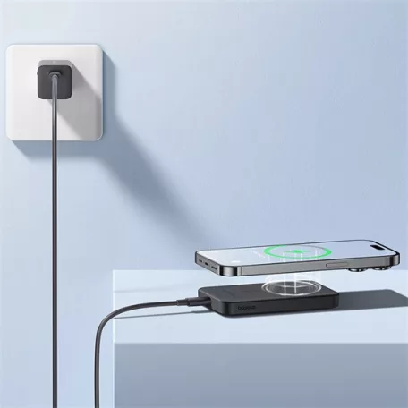 Baseus Magnetic Mini vezeték nélküli gyorstöltő powerbank 5000 mAh, 20W, fekete + 60W USB Type-C, 30cm kábel