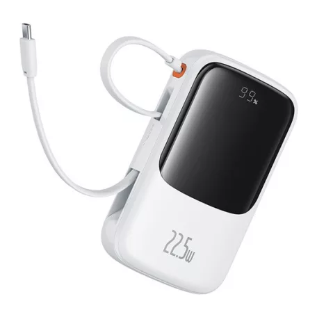 Baseus Qpow Pro+ gyorstöltő powerbank 10000 mAh, 22.5W, beépített USB Type-C kábel, fehér