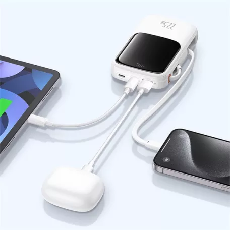 Baseus Qpow Pro+ gyorstöltő powerbank 10000 mAh, 22.5W, beépített USB Type-C kábel, fehér