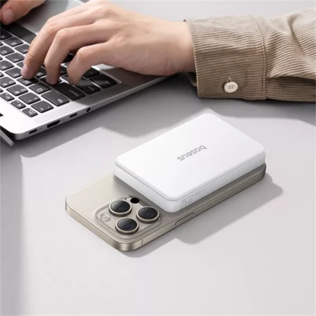 Baseus Airpow II Qi2 Magnetic vezeték nélküli gyorstöltő powerbank 10000 mAh, 22.5W, fehér + 60W USB Type-C, 30cm kábel