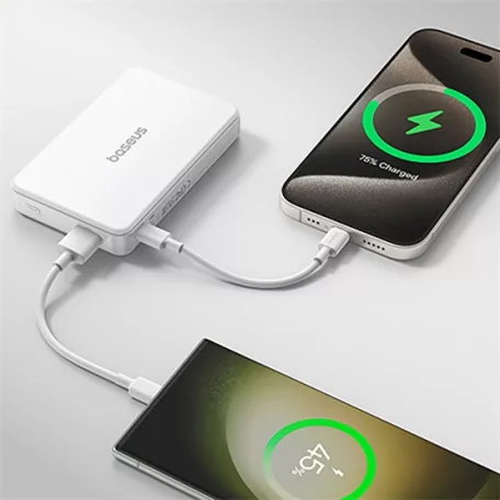 Baseus Airpow II Qi2 Magnetic vezeték nélküli gyorstöltő powerbank 10000 mAh, 22.5W, fehér + 60W USB Type-C, 30cm kábel