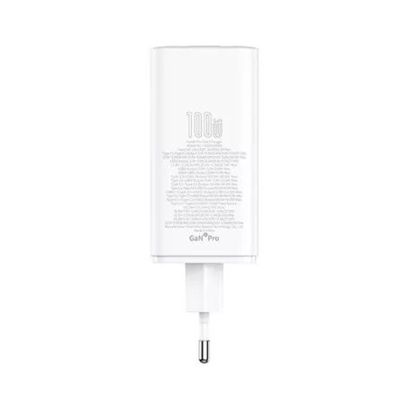Baseus GaN6 Pro hálózati gyorstöltő 100W, 2×USB Type-C + 2×USB Type-A, fehér + 100W USB Type-C, 1m kábel