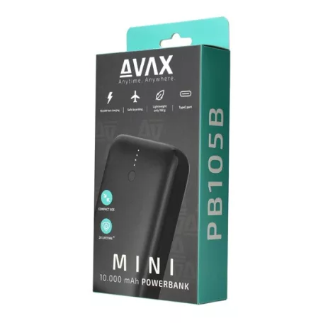 AVAX PB105B MINI PD/Type-C 20W gyorstöltő Powerbank 10.000mAh, fekete