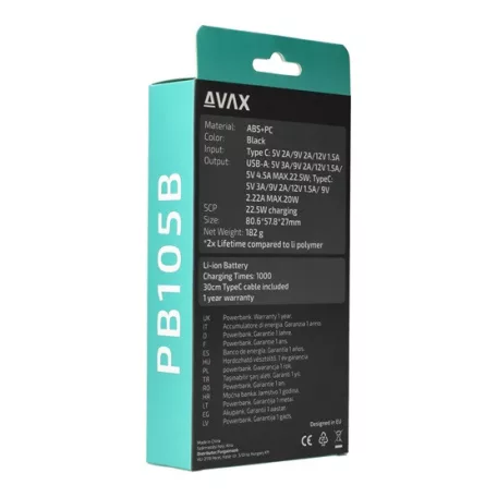 AVAX PB105B MINI PD/Type-C 20W gyorstöltő Powerbank 10.000mAh, fekete