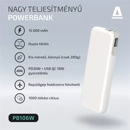 AVAX PB106W LEISURE PD/Type-C 30W+QC 18W gyorstöltő Powerbank 15.000mAh, fehér - Dobozsérült termék