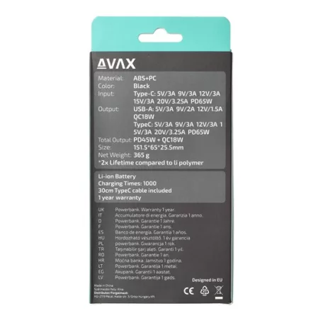 AVAX PB202B VITALITY PD/Type C 65W+QC 18W gyorstöltő Powerbank 20.000mAh, fekete - Dobozsérült termék
