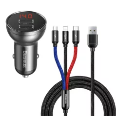   Baseus Digital Display autóstöltő 24W, 2×USB Type-A, fekete + 3.5A 3-in-1, 1.2m 3-színű kábel