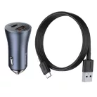 Baseus Golden Contactor Pro autós gyorstöltő 40W, USB Type-A + USB Type-C, szürke + 100W USB 1m kábel