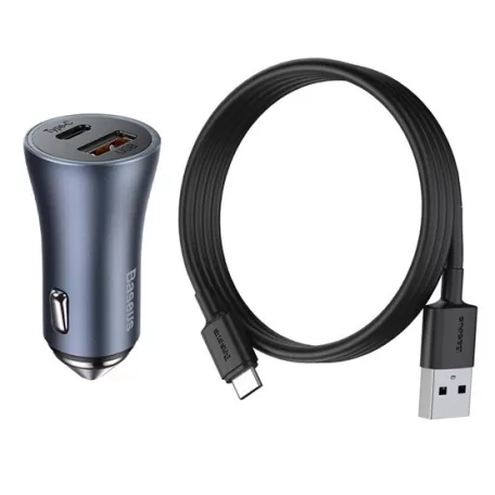 Baseus Golden Contactor Pro autós gyorstöltő 40W, USB Type-A + USB Type-C, szürke + 100W USB 1m kábel