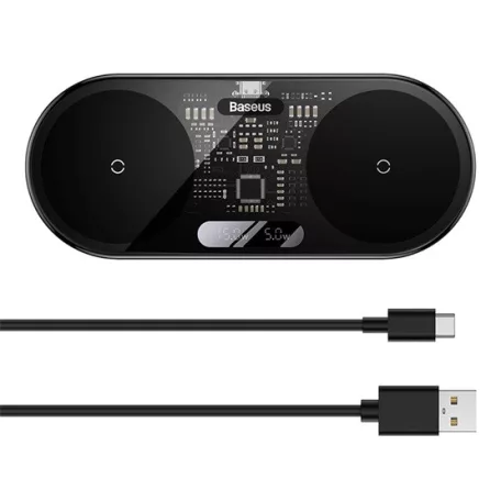 Baseus Digital LED Display 2-in-1 vezeték nélküli töltő 20W, fekete + 3A USB Type-A – USB Type-C,  1m kábel