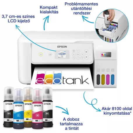 Epson EcoTank L3286 színes tintasugaras A4 MFP, WIFI, fehér