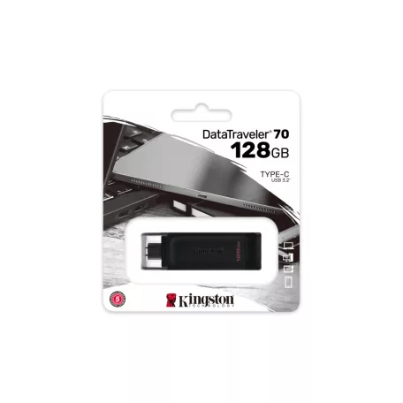 Kingston Technology DataTraveler 70, 128 GB, USB C-típus, 3.2 Gen 1 (3.1 Gen 1), Kupakos, 7 g, Fekete