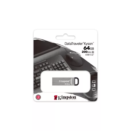 Kingston Technology DataTraveler Kyson, 64 GB, USB A típus, 3.2 Gen 1 (3.1 Gen 1), 200 MB/s, Kupak nélküli, Ezüst