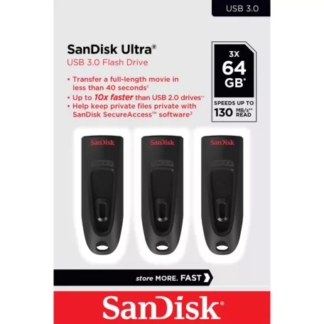SanDisk Ultra, 64 GB, USB A típus, 3.2 Gen 1 (3.1 Gen 1), 130 MB/s, Tolattyú, Fekete