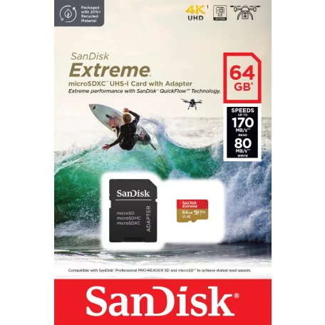 SanDisk Extreme, 64 GB, MicroSDXC, Class 10, UHS-I, 170 MB/s, 80 MB/s