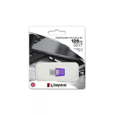 Kingston Technology DataTraveler microDuo 3C, 128 GB, USB Type-A / USB Type-C, 3.2 Gen 1 (3.1 Gen 1), 200 MB/s, Egyéb típusú, Rozsdamentes acél, Lila