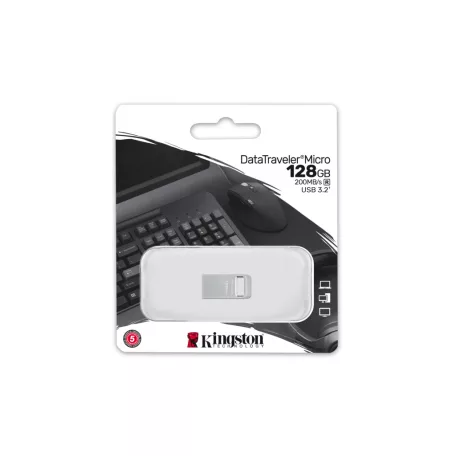 Kingston Technology DataTraveler Micro, 128 GB, USB A típus, 3.2 Gen 1 (3.1 Gen 1), 200 MB/s, Kupak nélküli, Ezüst