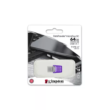 Kingston Technology DataTraveler microDuo 3C, 64 GB, USB Type-A / USB Type-C, 3.2 Gen 1 (3.1 Gen 1), 200 MB/s, Egyéb típusú, Lila, Rozsdamentes acél