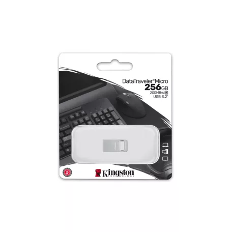 Kingston Technology DataTraveler Micro, 256 GB, USB A típus, 3.2 Gen 1 (3.1 Gen 1), 200 MB/s, Kupak nélküli, Ezüst