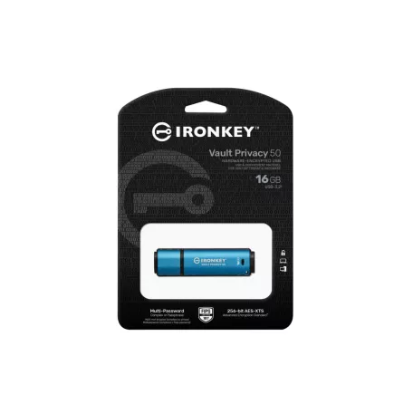 Kingston Technology IronKey Vault Privacy 50, 16 GB, USB A típus, 3.2 Gen 1 (3.1 Gen 1), 250 MB/s, Kupakos, Fekete, Kék